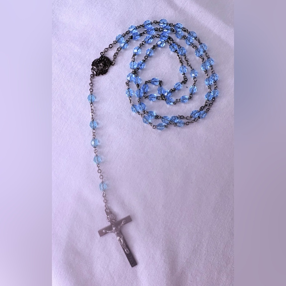 Vintage Blue Beaded Rosary with Silver Cross Circa 1940’s - 1950